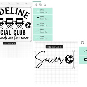 May include: Black and white SVG cut file design for a soccer themed social club. The design includes the text "Sideline Social Club" with three director's chairs and soccer balls. The text "Weekends are for soccer" is below the main text. The design also includes a separate SVG cut file of the word "Soccer" in cursive with a soccer ball.