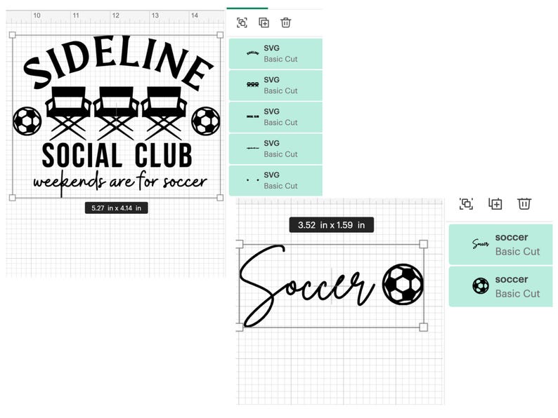 May include: Black and white SVG cut file design for a soccer themed social club. The design includes the text "Sideline Social Club" with three director's chairs and soccer balls. The text "Weekends are for soccer" is below the main text. The design also includes a separate SVG cut file of the word "Soccer" in cursive with a soccer ball.