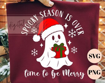 Se acabó la temporada de Halloween SVG, Es hora de ser feliz PNG, Archivo de corte de fantasma navideño, Imágenes prediseñadas de fantasmas navideños lindos, Diseño de sudadera navideña
