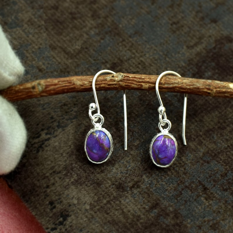 Gemstone Earring Midi Drop Earring Women Earring Anniversary Gift Purple Copper Turquoise Earring 925 Sterling Silver Delicate Earring