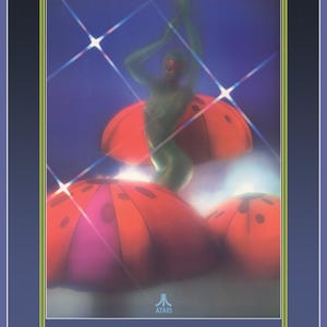 May include: A vintage Atari Centipede arcade game poster. The poster features a green figure with red accents, set against a blue background with starburst effects. The word "CENTIPEDE" is displayed in a retro font.