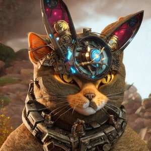 Könnte beinhalten: Eine braune Katze mit gelben Augen, die einen Kopfschmuck und einen Kragen im Steampunk-Stil trägt. Der Kopfschmuck verfügt über Zahnräder, Lichter und ein kreisförmiges, uhrähnliches Element. Der Kragen besteht aus Metallplatten und Nieten und erzeugt eine futuristische, mechanische Ästhetik.