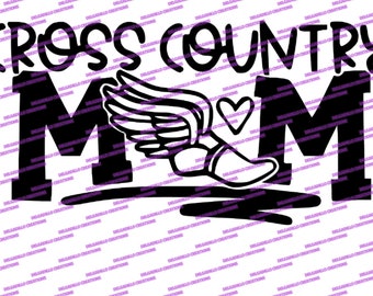 May include: Black and white graphic design with the text "Cross Country Mom" and a stylized running shoe with wings and a heart.