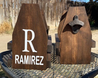 Personalized wood caddy, Gifts for him or her, custom groomsmen bottle opener, rustic caddy tote with bottle opener handcrafted wood caddy