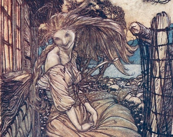 Undine outside the window. Water Nymph. Fairy tales. Fine art print from original bookplate by Arthur Rackham. Dark world of Faerie.