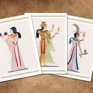 Damas nobles del Antiguo Egipto. 3 mini impresiones, cada una de 4 x 5,8 pulgadas en cartulina martillada de 300 g/m². A partir de litografías originales del siglo XIX.