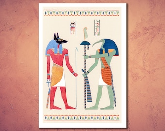 Egyptian gods Anubis & Thoth. Masterpiece of Ancient Egyptian art. Authentic reproduction of 19th century lithograph.
