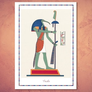May include: A digital illustration of the Egyptian god Thoth, depicted as a man with the head of an ibis bird. He is holding a staff and a hieroglyphic scroll. The image is in a white frame with a blue and red border.