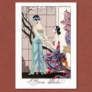 May include: Two women in elegant dresses stand in a room with a window. The woman on the left wears a light blue and green dress with a blue sash. The woman on the right wears a blue and red dress with a large red bow. The text "L'aveu difficile" is written at the bottom of the image.