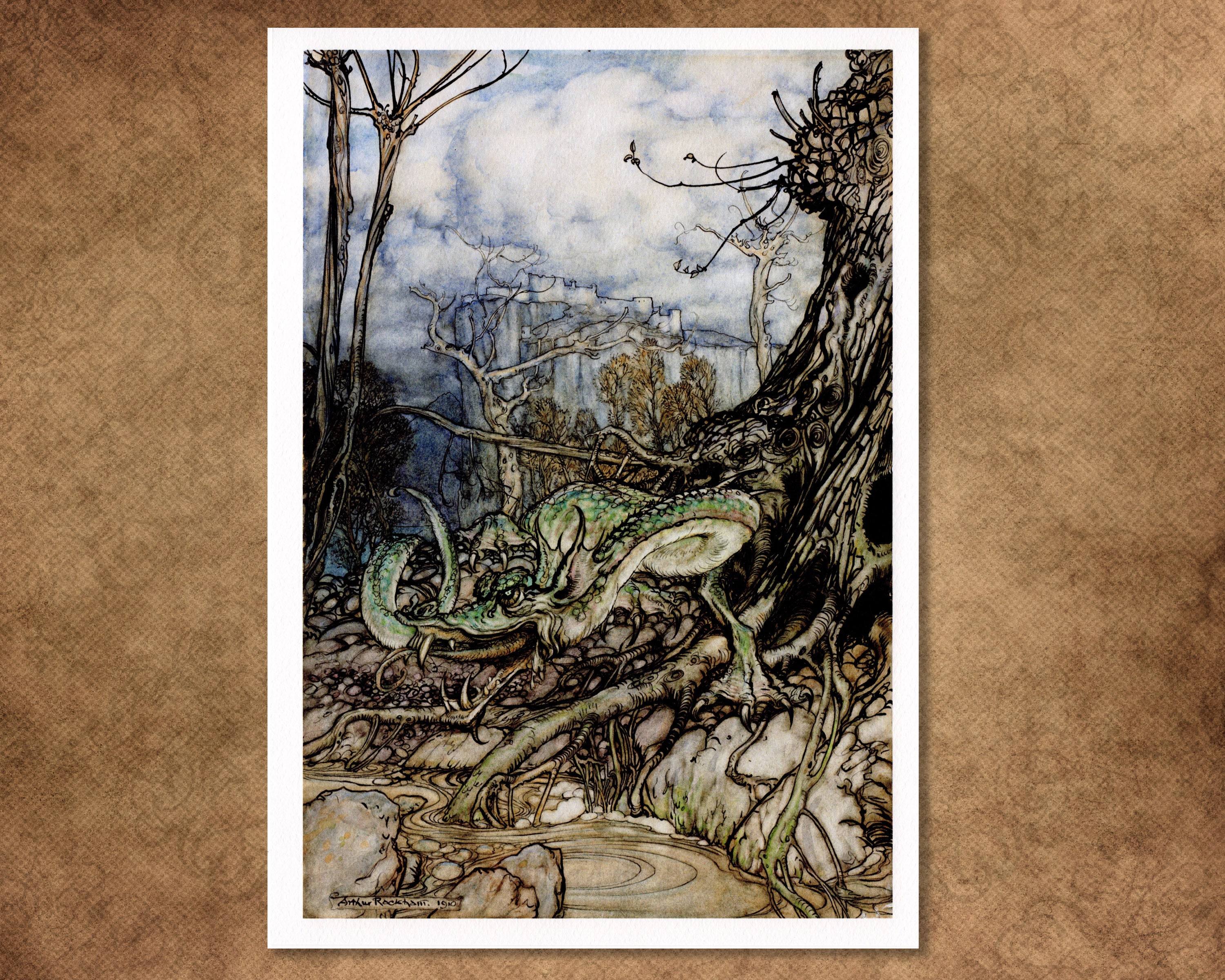 Arthur Rackham Green Dragon Art Print, Fantasy Illustration on 230 Gsm ...