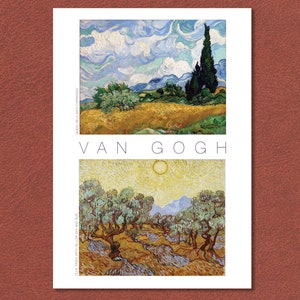 Stampa Van Gogh. Due opere famose. 'Campo di grano con cipressi' e 'Ulivi con cielo giallo e sole.' Su carta da acquerello ruvida.