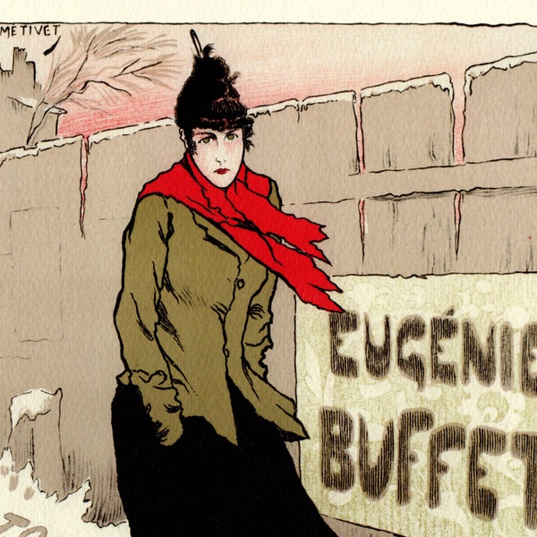 Berühmte französische Chanteuse, Eugénie Buffet, unsterbliches Poster von Luc Métivet für den Ambassadeurs Club. Große Kunst der Belle Époque. ergreifend.