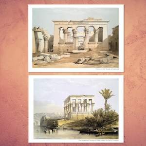 May include: Two vintage illustrations of ancient Egyptian temples. The top image shows the portico of the Temple at Kalabshe, with columns and a partially ruined facade. The bottom image shows the Hypaethral Temple at Philae, called the Sacred Isle of Pharon, with a single building and palm trees in the foreground.