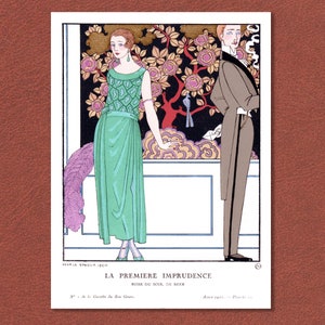 May include: A vintage illustration of a couple in a romantic setting. The woman is wearing a green dress with a geometric pattern and a feathered accessory. The man is wearing a brown suit with a white shirt and a black tie. The background features a stylized tree with pink flowers and a dark blue sky.