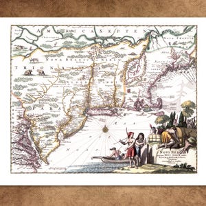 Curioso mapa "belga" de América del Norte, que muestra las zonas pobladas por las distintas naciones europeas. Increíble detalle y muy bonito.
