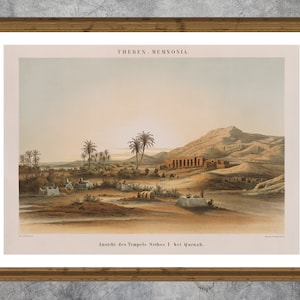 Temple of great Pharaoh Seti 1. Fine art giclée print from original 19th Century lithograph. Atmospheric wall art. Landscape of Egypt.