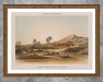 Temple of great Pharaoh Seti 1. Fine art giclée print from original 19th Century lithograph. Atmospheric wall art. Landscape of Egypt.