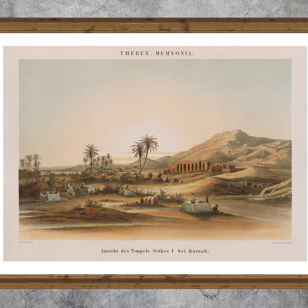 Temple du grand pharaon Seti 1. Impression giclée d'art à partir d'une lithographie originale du XIXe siècle. Art mural atmosphérique. Paysage d'Egypte.