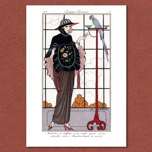 George Barbier art deco Modedruck: Dame in art deco Umgebung von 1913. Getreue Reproduktion von einem Originalprint. Auf Kunstkarton texturiert