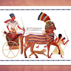 Egyptian chariot with Pharaoh Ramesses the Great. From a 19th century lithograph, based on a 3,000 year-old wall painting. Incredible detail