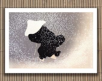 May include: A black and white woodblock print of a person wearing a white hat and a black robe walking in a snowstorm.