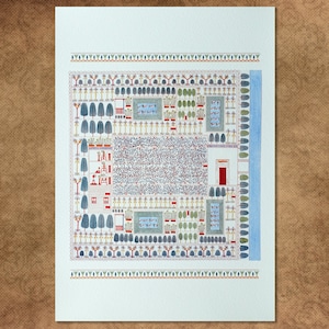 Magical, mystical Egyptian garden. 1828 lithograph of a 2,000 year old wall painting. Fine art Giclée print on watercolour paper.