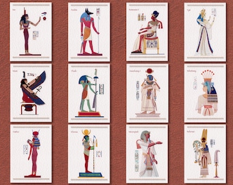 Egypt art: 12 postcard size prints, 148 x 105mm. 3 Goddesses, 3 Gods, 3 Pharaohs, 3 Queens on 250 gsm textured art card. Unique.