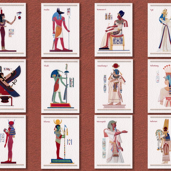 Egypt art: 12 postcard size prints, 148 x 105mm. 3 Goddesses, 3 Gods, 3 Pharaohs, 3 Queens on 250 gsm textured art card. Unique.