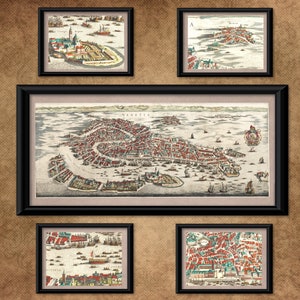 Mapa de Venecia, 1641. En papel artístico A3+. Impresionante instalación mural de la gran ciudad + cuatro ampliaciones en tamaño A4 de áreas clave. Una pieza de coleccionista