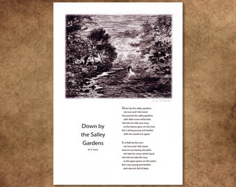 W B Yeats Poetry Print: 'Down by the Salley Gardens' with 'The Lovers' Etching