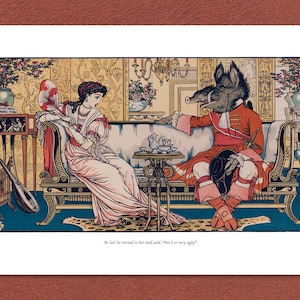 Fairy tale print &#39;Beauty and the Beast.&#39; Classic Fairy Story, illustrated by Walter Crane. Beautifully printed on 250 gsm &#39;feltmarked&#39; paper