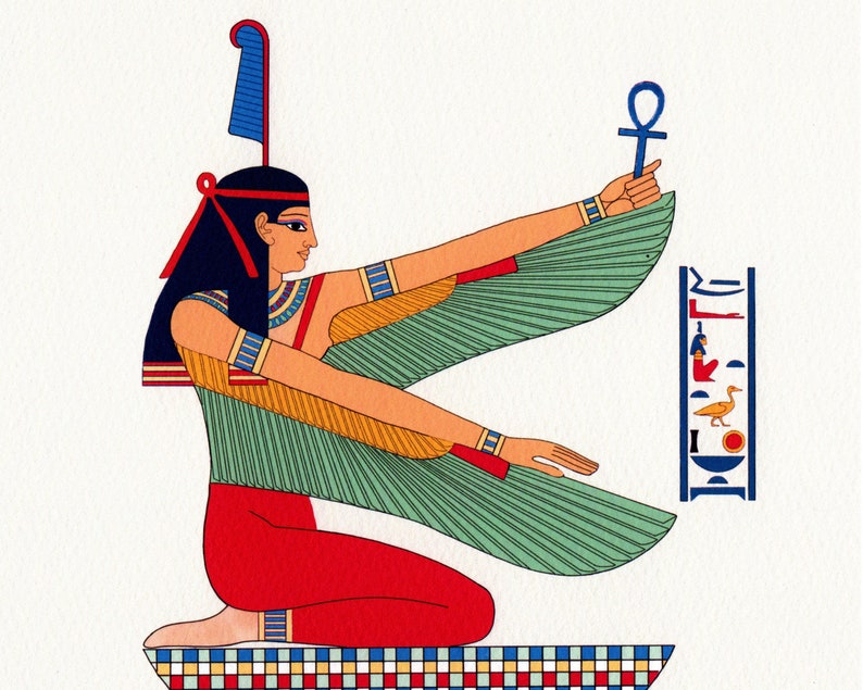 Maat, diosa egipcia del orden, la armonía, la verdad y la justicia. Impresión de bellas artes de una litografía del siglo XIX. Una buena diosa para tener a tu lado. imagen 1