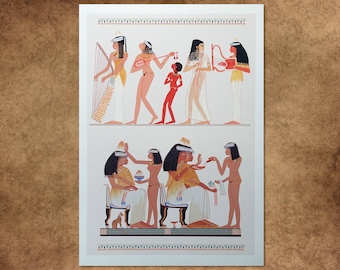 Egyptian print: Banquet scene with musicians and ladies. Giclée reproduction from original 19th c. lithographs. Original wall art.