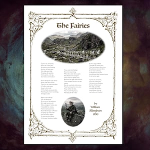 May include: A decorative print titled The Fairies by William Allingham, 1850. The text is framed by an ornate gold border and features two oval images: a landscape with a line of figures and a black and white illustration of a seated figure.