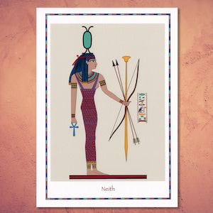 May include: A digital illustration of the Egyptian goddess Neith, depicted with a red dress, a blue ankh, and a bow and arrow. The goddess is wearing a blue and gold headdress with a green jewel. The text "Neith" is written below the image.