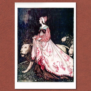 Arthur Rackham &#39;The Lady & the Lion.&#39; Rare and striking image from Grimm&#39;s Fairy Tales. Eye-catching wall art for lovers of Rackham&#39;s work.