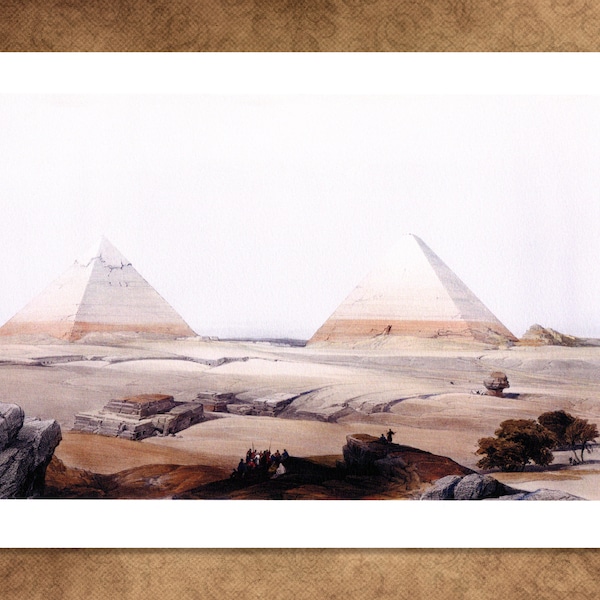 Pyramids painted c. 1838 by David Roberts R.A. Atmospheric fine art giclée reproduction from original bookplate on watercolour paper.