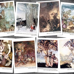 Nova coleção de Arthur Rackham. 8 estudos raros em tamanho de cartão-postal do "The Allies Fairy Book" de 1916. Fac-símiles perfeitos em papel cartão de arte de 230 g/m².