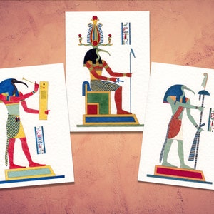 Dios egipcio Thoth: 3 aspectos del gran dios. 3 mini impresiones (tamaño 4 x 5,8 pulgadas) en cartulina martillada de 300 g/m². Del lithos original del siglo XIX.