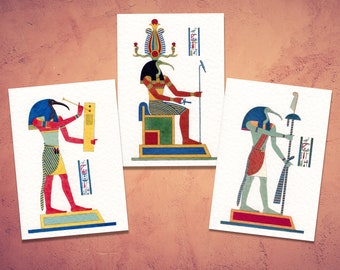 Egyptian god Thoth: 3 aspects of the great god. 3 x mini prints (size 4 x 5.8 inches) on hammered 300gsm card. From original 19th C. lithos.