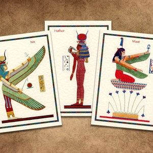 Diosas egipcias: Isis, Hathor y Maat. 3 miniimpresiones (tamaño 10 x 14 cm) sobre cartulina martillada de 300 g/m². A partir de litografías originales del siglo XIX.