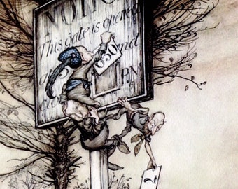 Arthur Rackham: Hadas tramposas de 'Peter Pan en los jardines de Kensington'. De la época dorada de los cuentos de hadas. En una hermosa tarjeta texturizada.