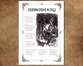 Jabberwocky-print, Alice in Wonderland-gedicht, Sir John Tenniel-illustratie