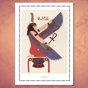 Egyptian goddess, Maat. Patron of truth, order, harmony & justice. Giclée print from a 19th c. lithograph of a 3,000 year-old wall painting.