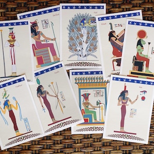 9 dee dell'Egitto. Stampe formato cartolina su cartoncino strutturato. Riproduzioni del XIX sec. litografie, copiate da dipinti murali di 2500 anni fa. Unico