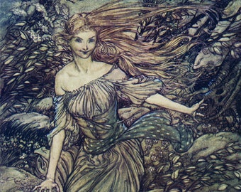 Undine by the stream. Water Nymph. Fairy tales. Fine art print from original bookplate. Arthur Rackham. Dark world of Faerie.