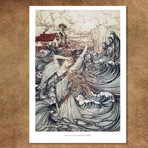 May include: An art print showing a woman in a flowing gown in stormy waters. The illustration, in blue, white, and brown tones, features a house on a cliff and the text "Soon she was lost to sight in the Danube."