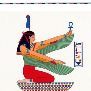Maat, diosa egipcia del orden, la armonía, la verdad y la justicia. Impresión de bellas artes de una litografía del siglo XIX. Una buena diosa para tener a tu lado. imagen 6