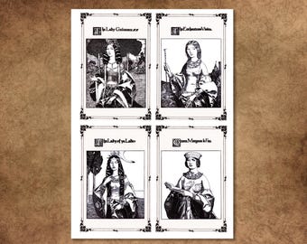 Guinevere, Lady of the Lake, Morgana Le Fay, Vivien. Four women from the tale of King Arthur and his Knights. Classic art by Howard Pyle.