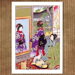 Japanese art print. &#39;Lady at a Mirror.&#39; Fine art giclée reproduction of original woodcut print by Yoshu Chikanobu. Stunning colours.